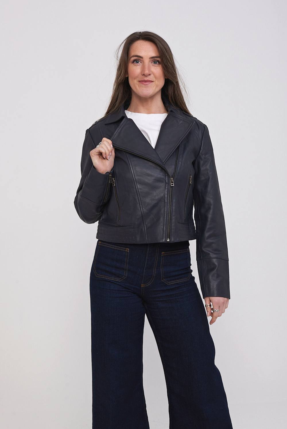 Elle Armin Leather Biker Jacket In Blue