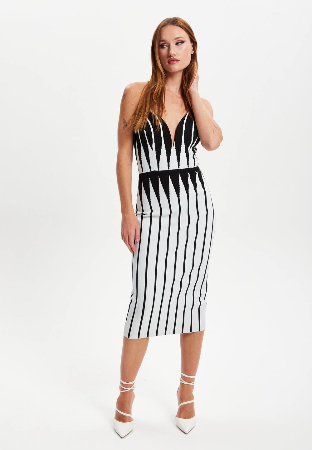 Liquorish Vertical Black And White Striped Knitted Midi Dress