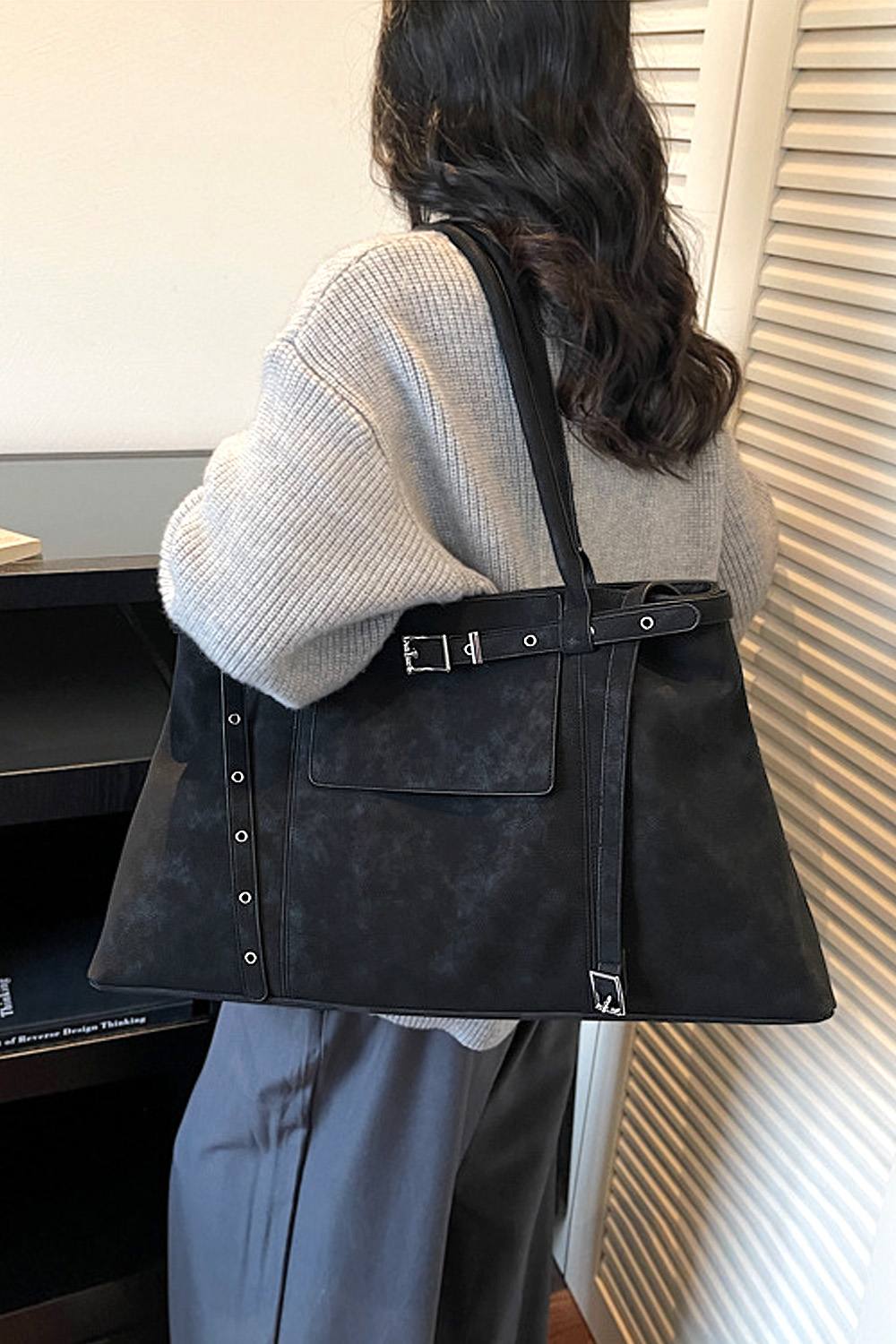 Xy London 'hadley' Women's Large Shoulder Double Belted Tote Bag In Black