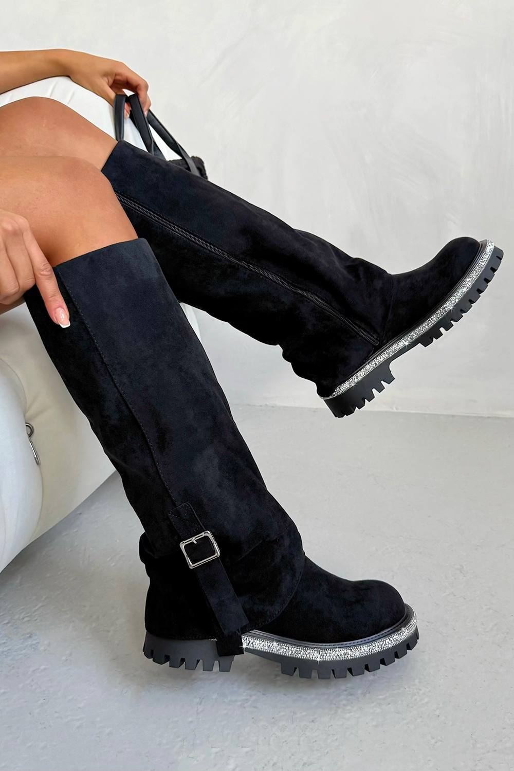 Love Lemonade Crystal Trim Wild Obsession Knee High Boots In Black