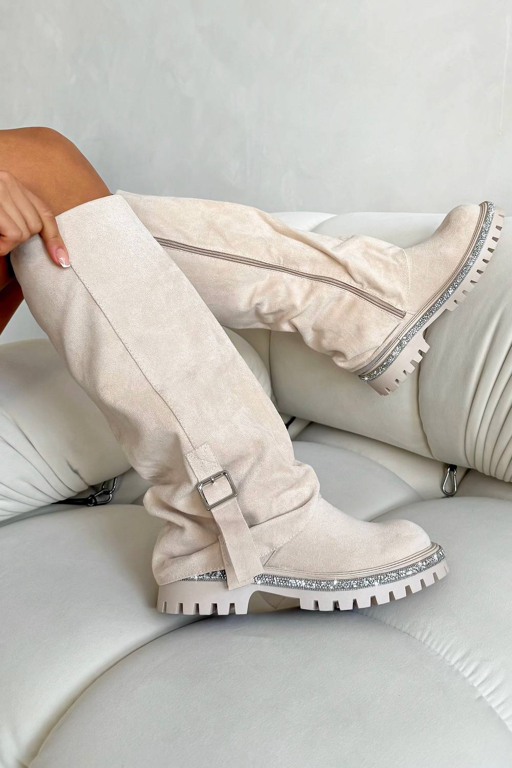 Love Lemonade Crystal Trim Wild Obsession Knee High Boots In Nude