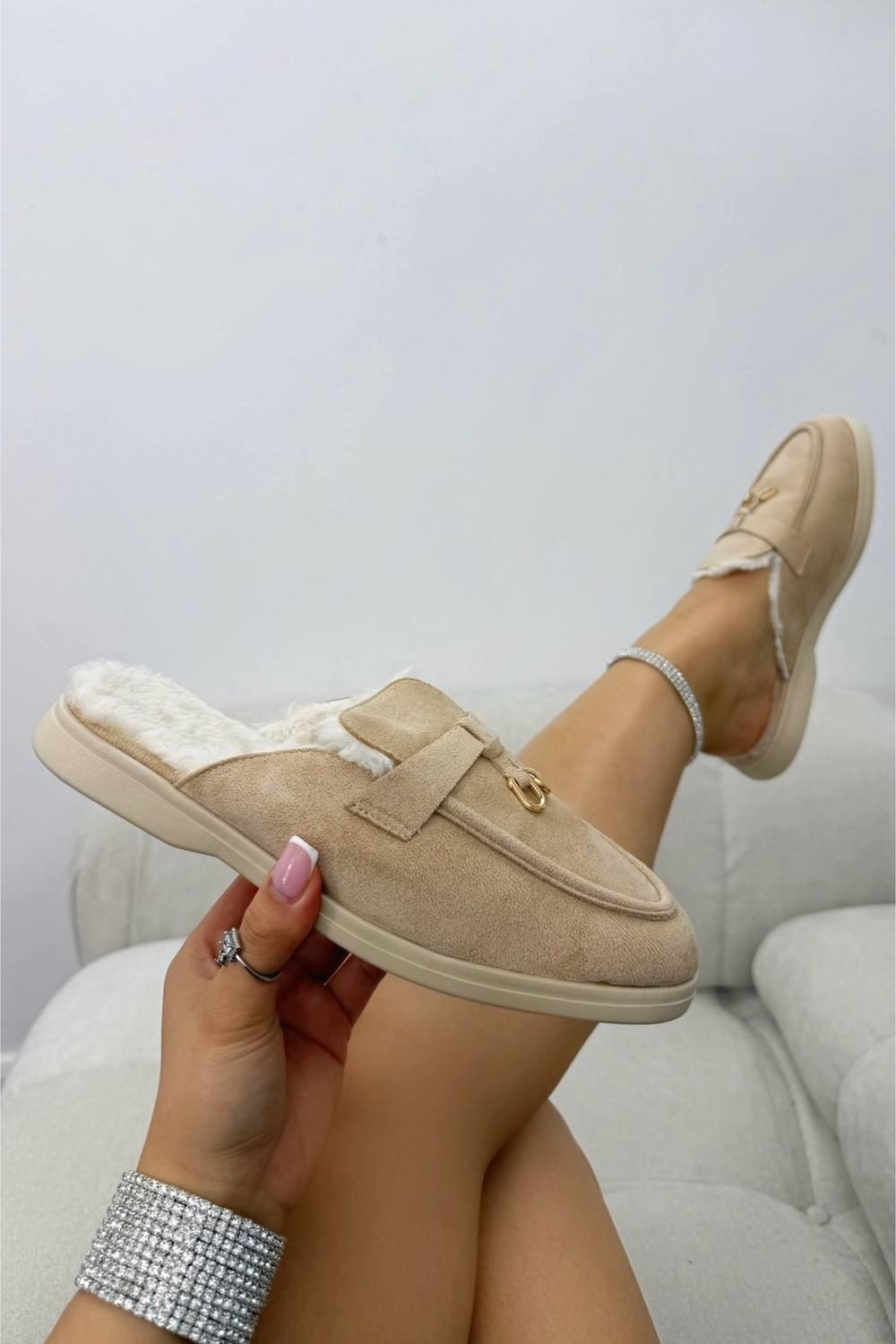 Love Lemonade Velvet Crush Faux Fur Lined Slip-On Clog Mules In Nude