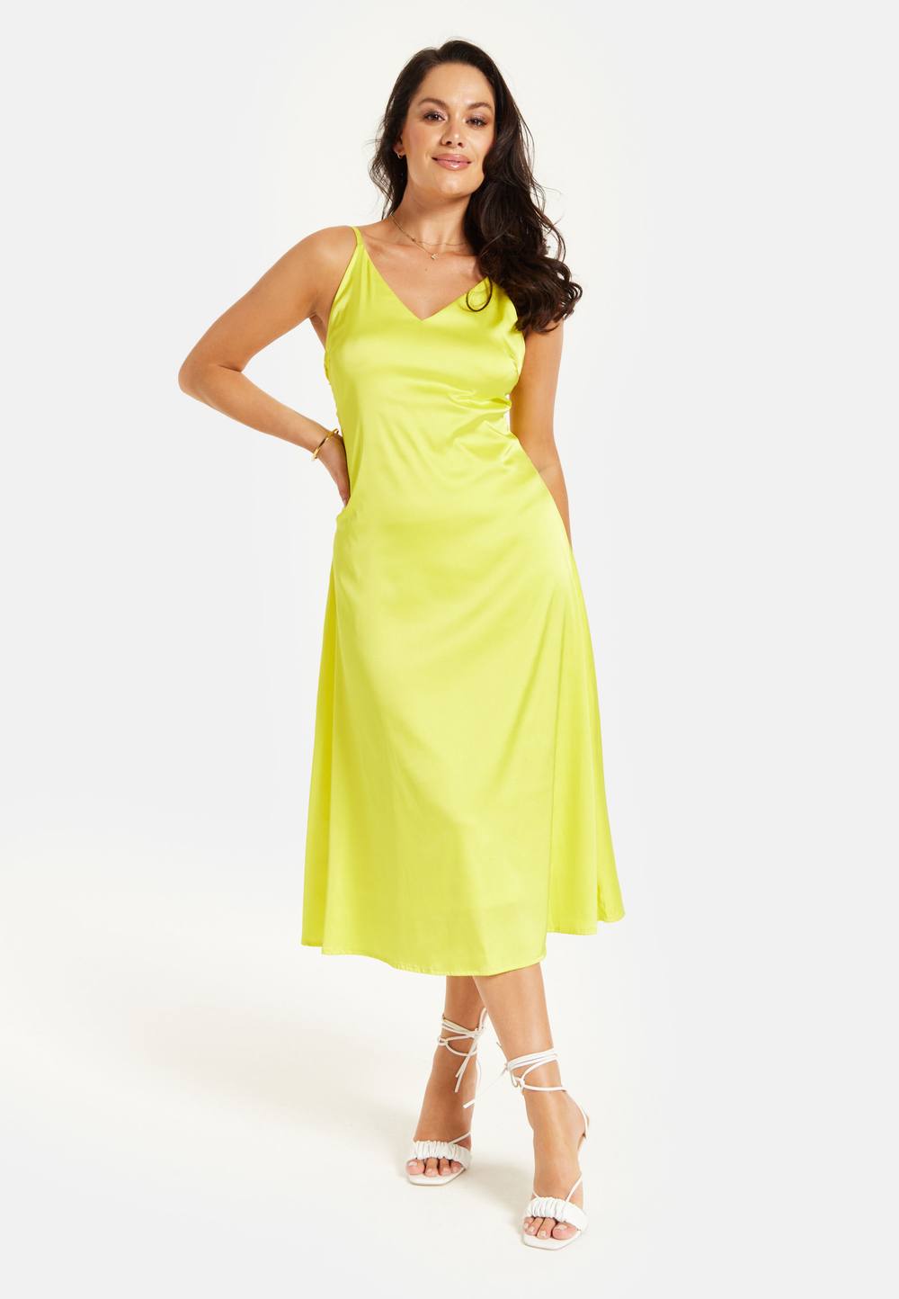 Liquorish Yellow Satin Midi Dress With Spaghetti Straps