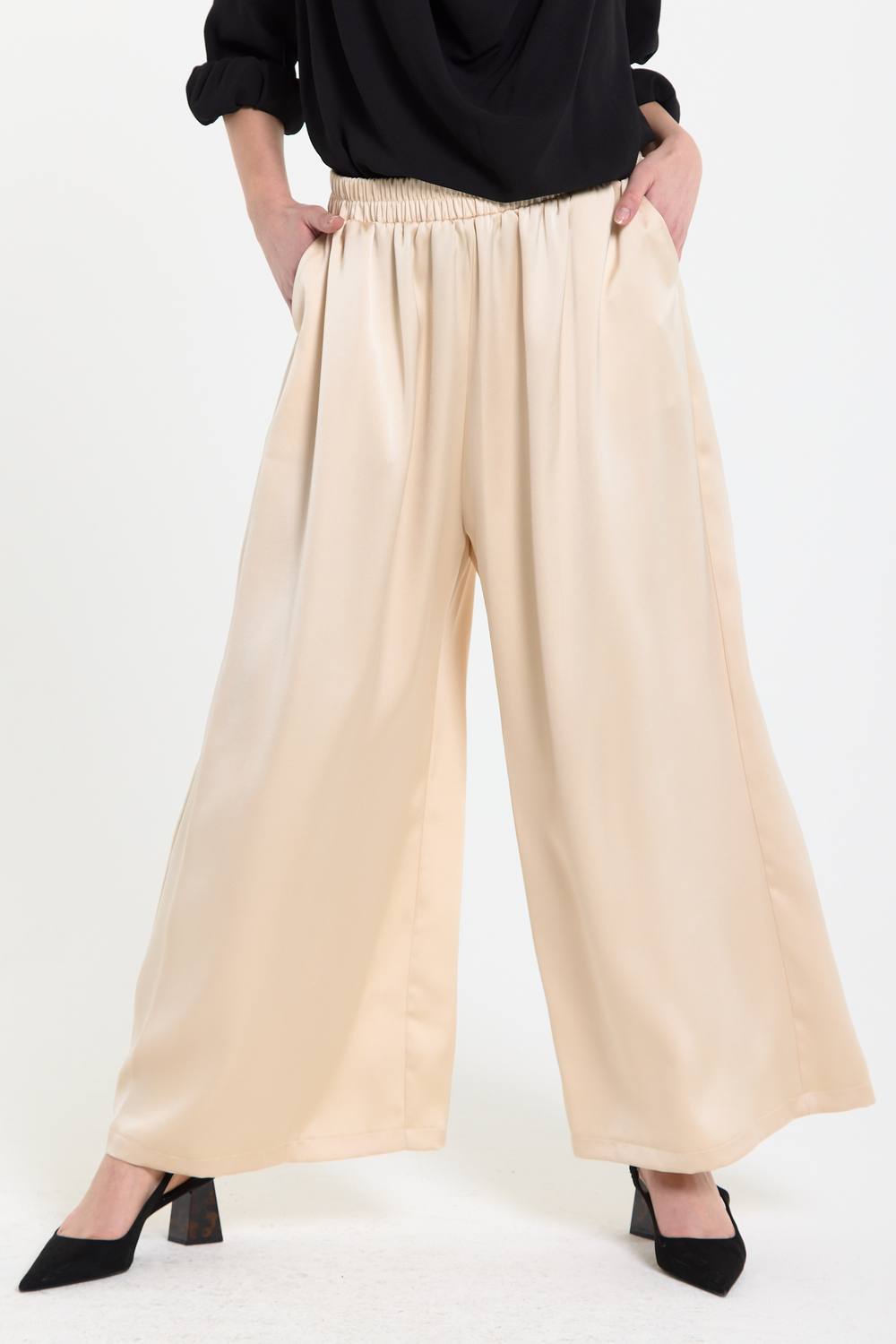 Liquorish Beige Satin Wide Leg Trousers