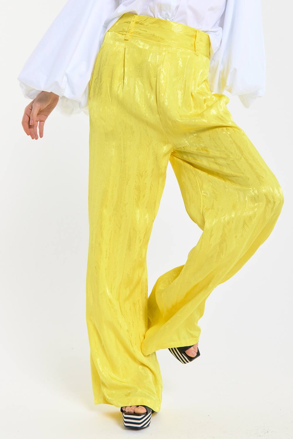 House Of Holland Textured Wide Leg Yellow Trousers
