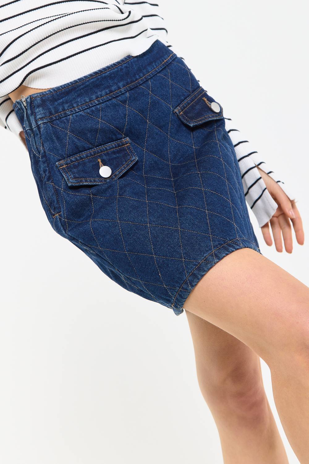 House Of Holland Quilted Denim Mini Skirt In Navy