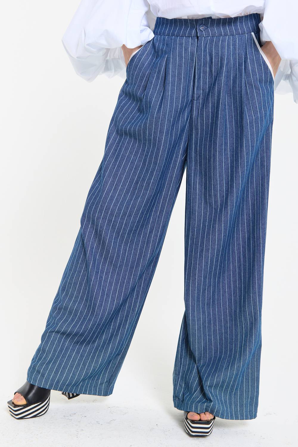 House Of Holland Pinstripe Wide Leg Trousers In Navy