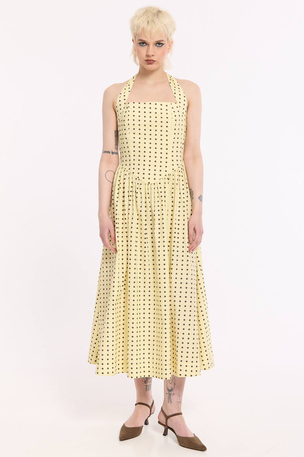 House Of Holland Yellow Polka Dot Halter Neck Cotton Maxi Dress