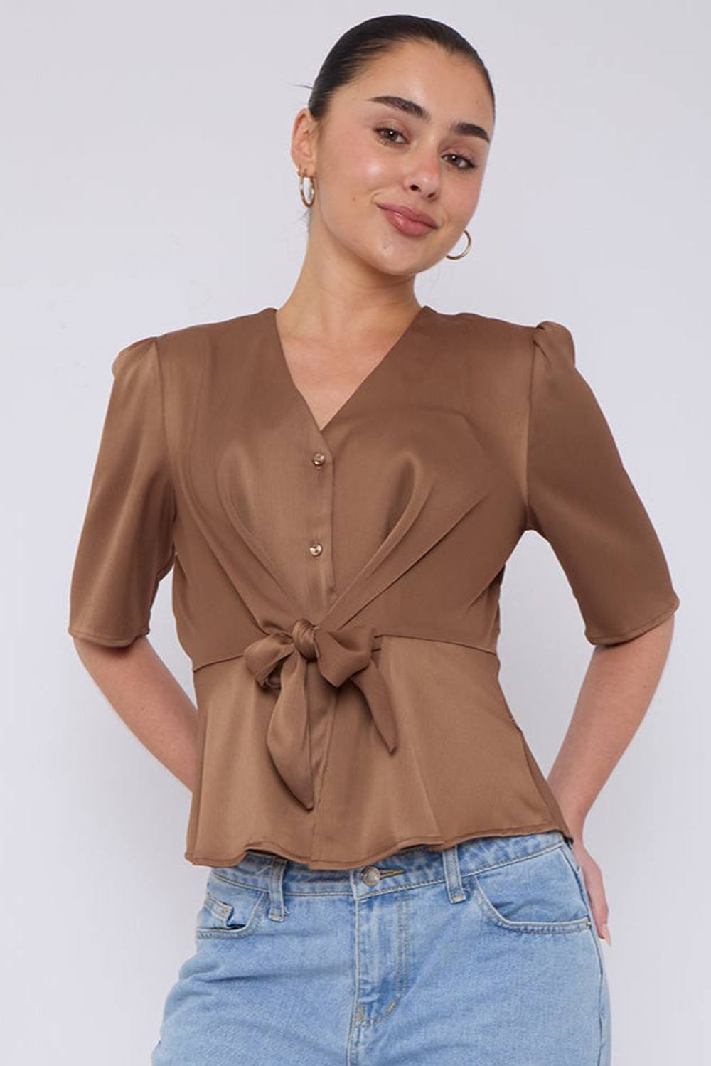 Love Sunshine Mocha Short Sleeve Knotted Crepe Satin Top In Brown