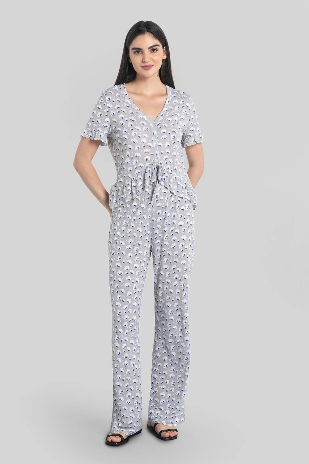Enorsia Short Ruffle Sleeve Cotton Printed Pyjamas Set In Grey