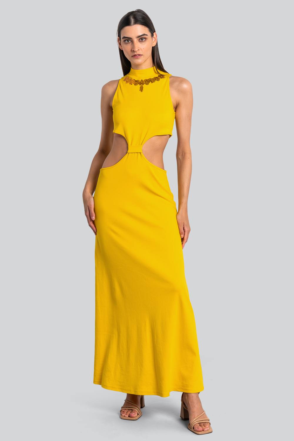 Enorsia Sequin Embroidered Maxi Jersey Dress In Yellow