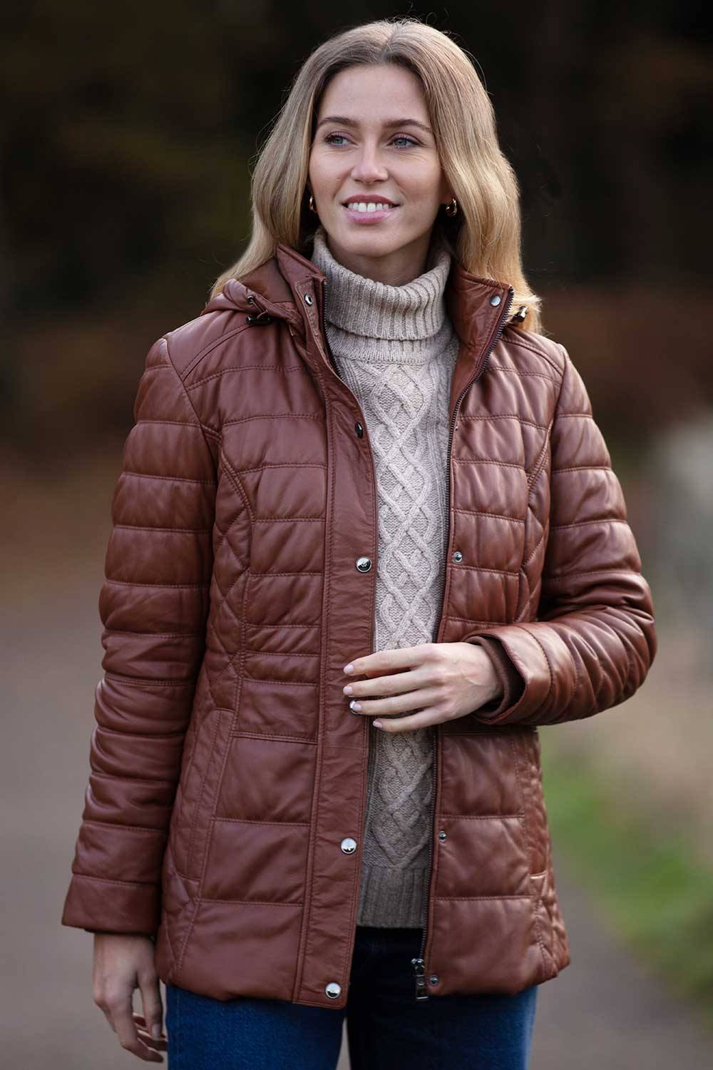 Ashwood Leather 'walbusch' Genuine Leather Quilted Hooded Jacket In Tan