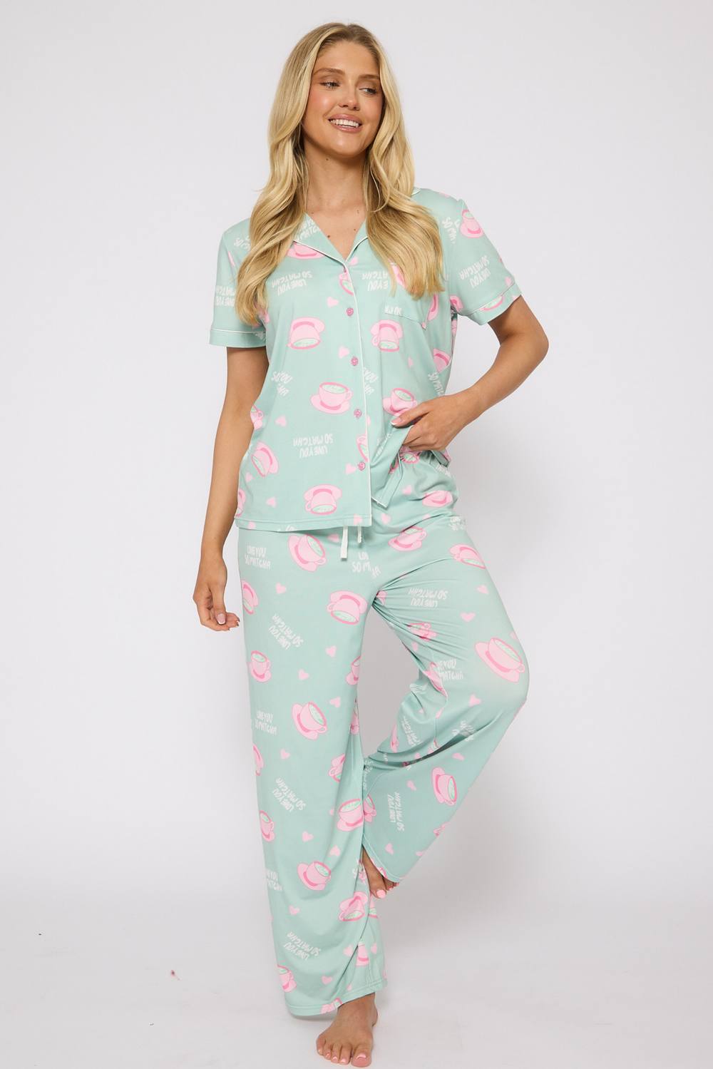 Loungeable I Love You So Matcha Printed Short Sleeve Pyjamas In Green