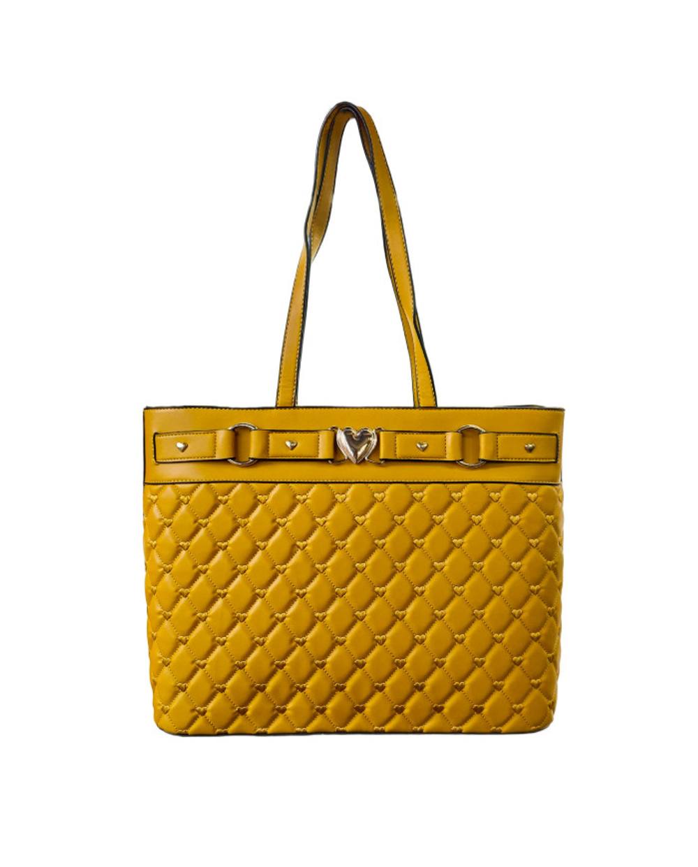 Jfy Quilted Check Pattern And Heart Details Tote Bag In Yellow