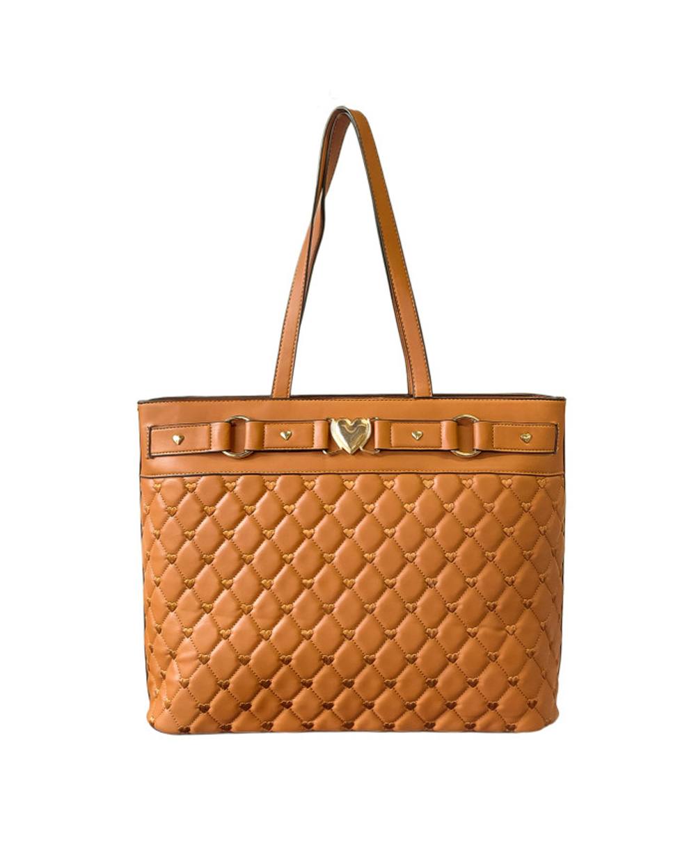 Jfy Quilted Check Pattern And Heart Details Tote Bag In Brown