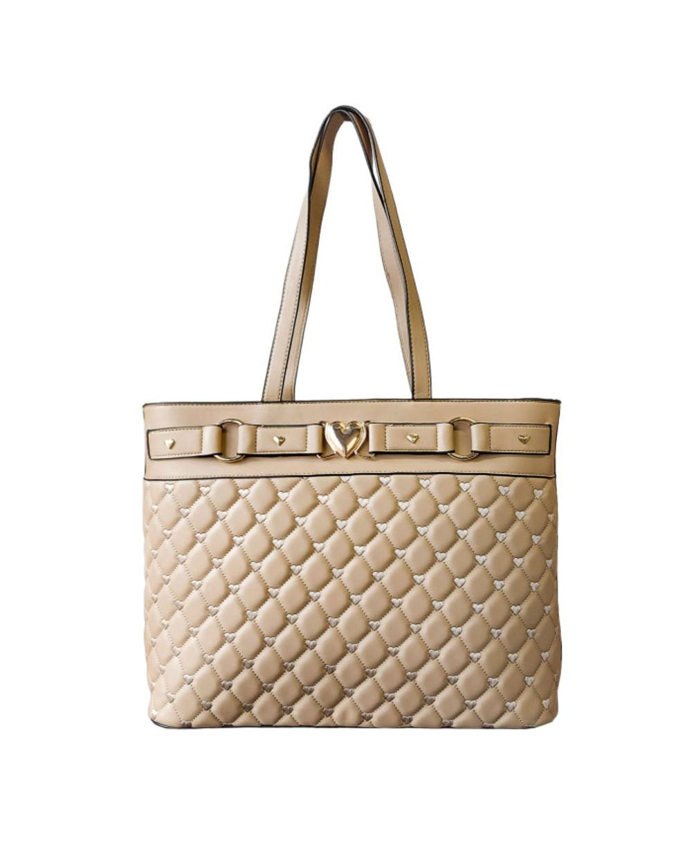 Jfy Quilted Check Pattern And Heart Details Tote Bag In Khaki