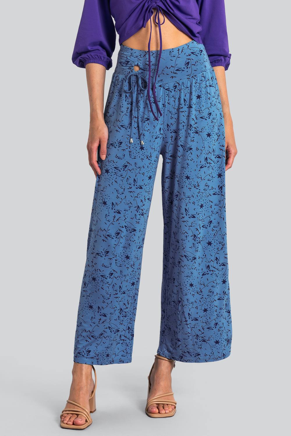 Enorsia Womens Printed Wide Leg Ankle Grazer Trousers In Blue