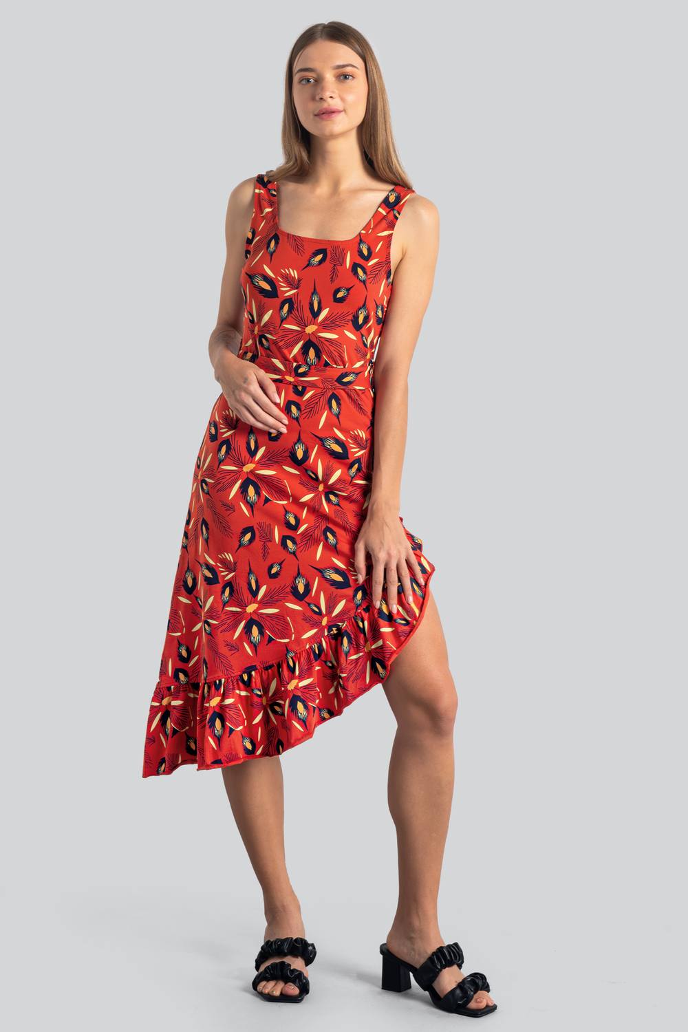 Enorsia Square-Neck Ruffle Wrap Botanical Print Dress In Red