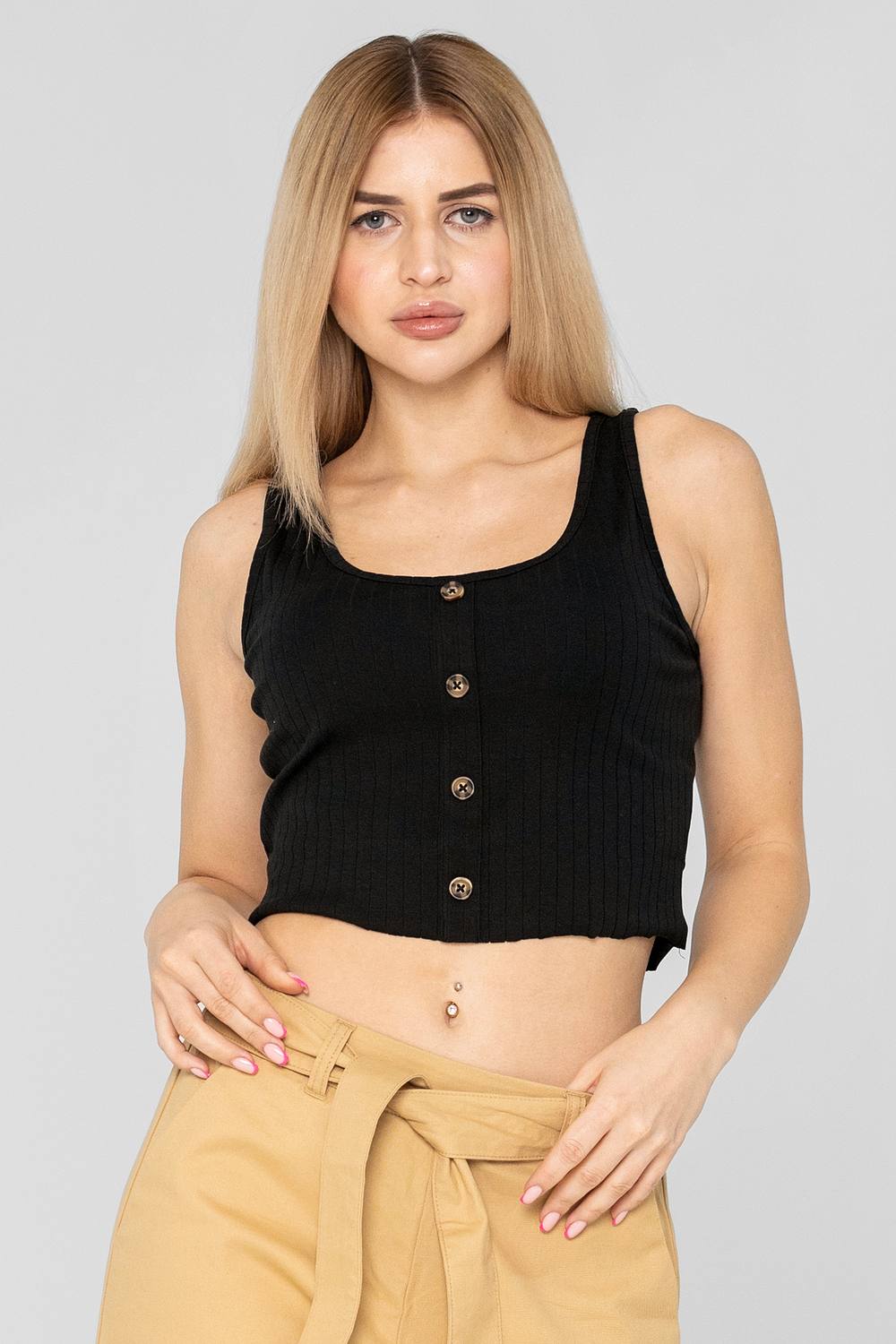 Enorsia Ribbed Front Button Tank Top In Black