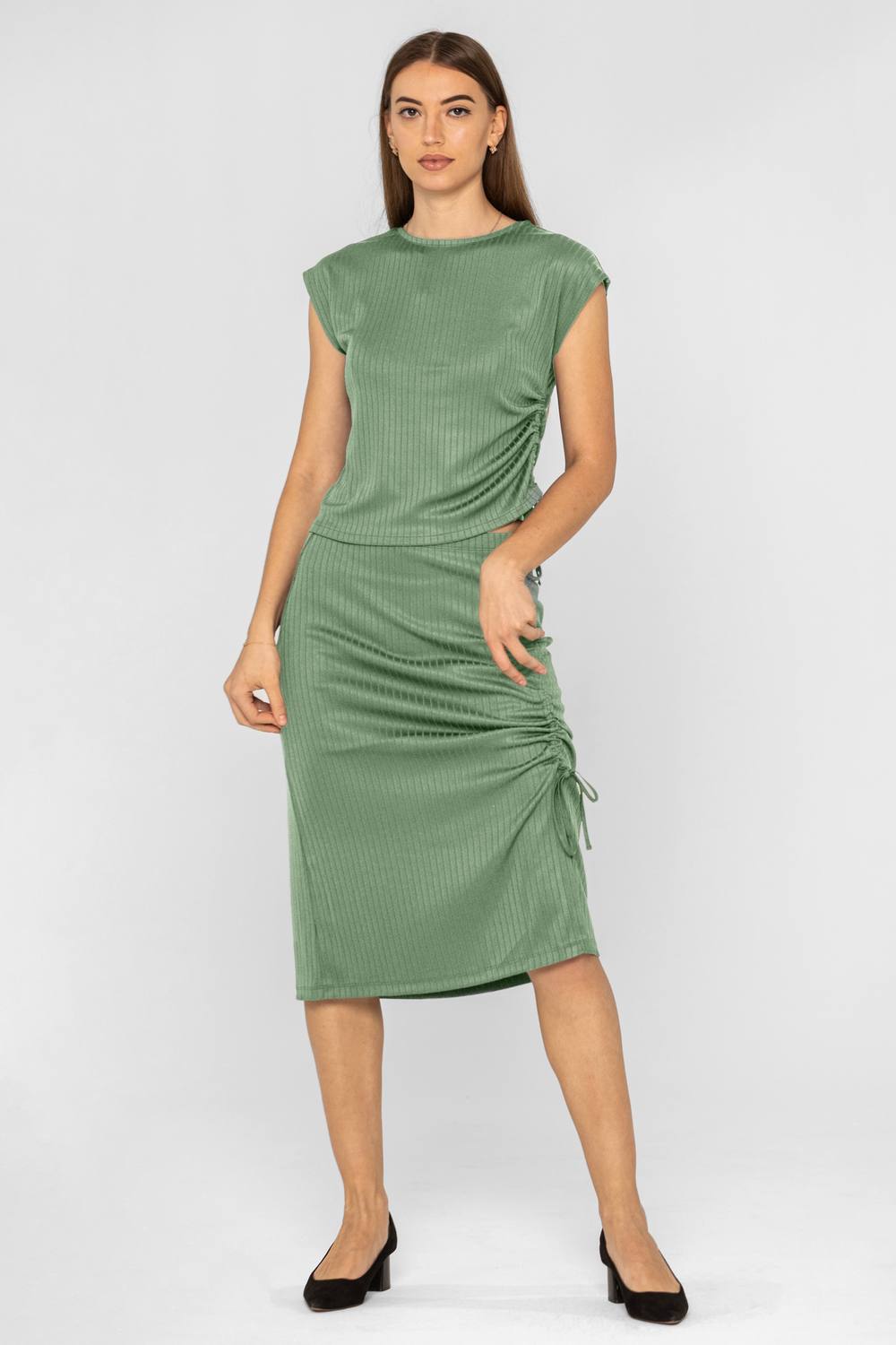 Enorsia Ruched Crew Neck Top & Midi Skirt Co-Ord In Green