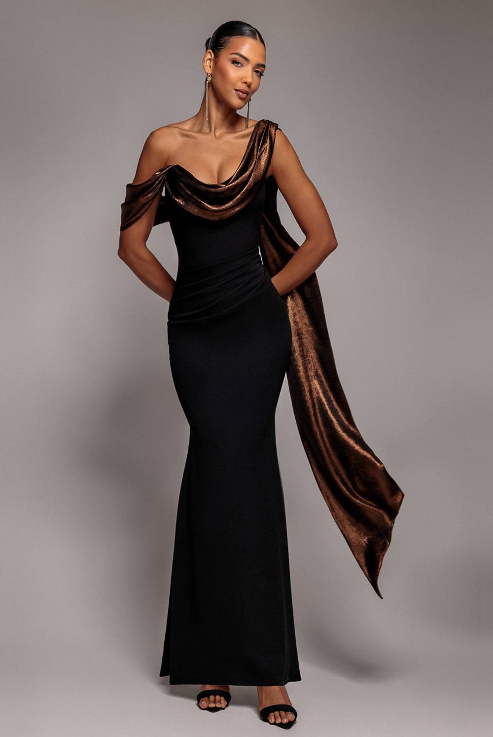 Goddiva Foil Chiffon Cowl One Shoulder Cape Maxi Dress In Black