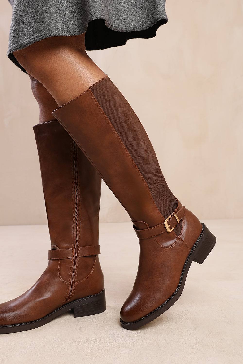 Where's That From 'bode' Knee High Boots With Buckle Detail In Brown