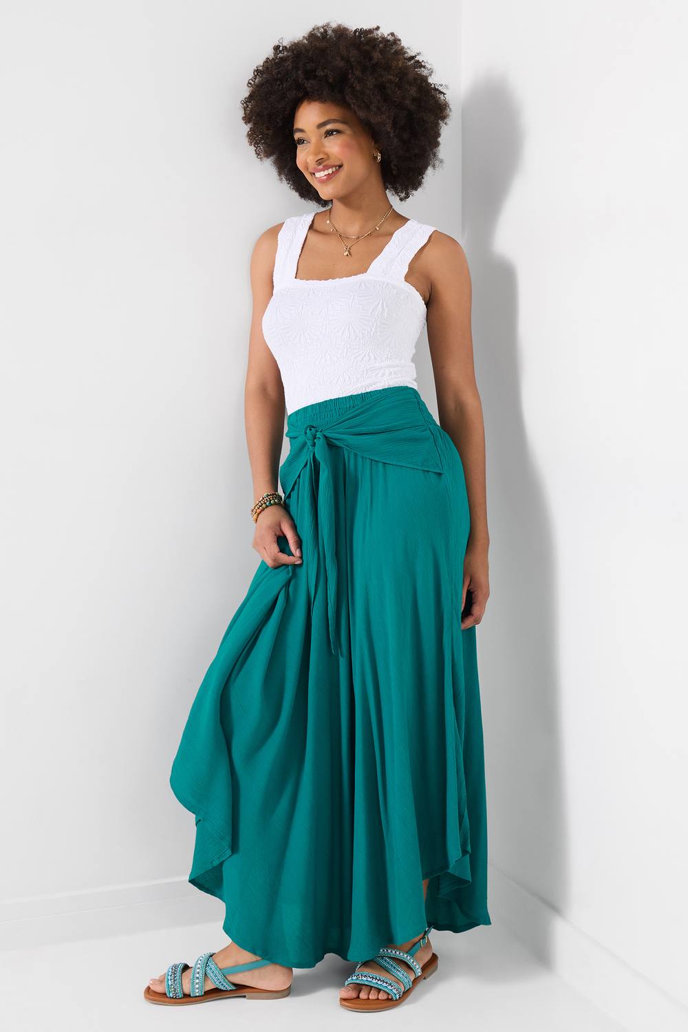Joe Browns Crinkle Maxi Skirt With Tie Front And Elasticated Waist In Teal