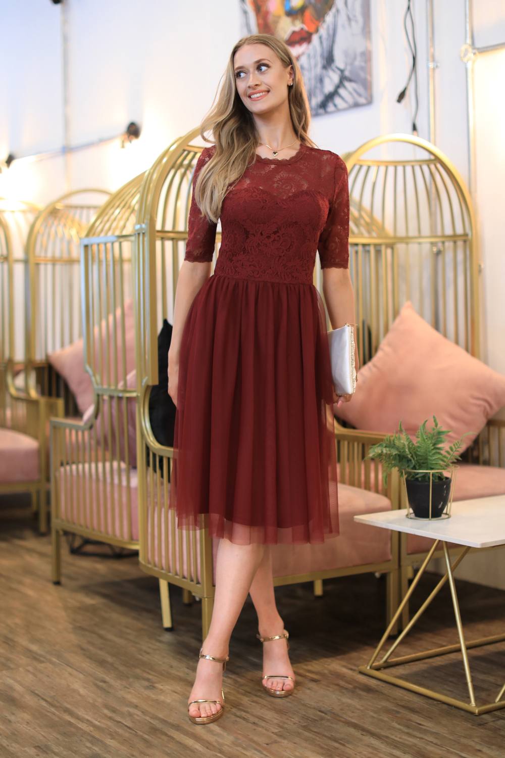 Double Second Lace Dress With Tulle Skirt In Burgundy