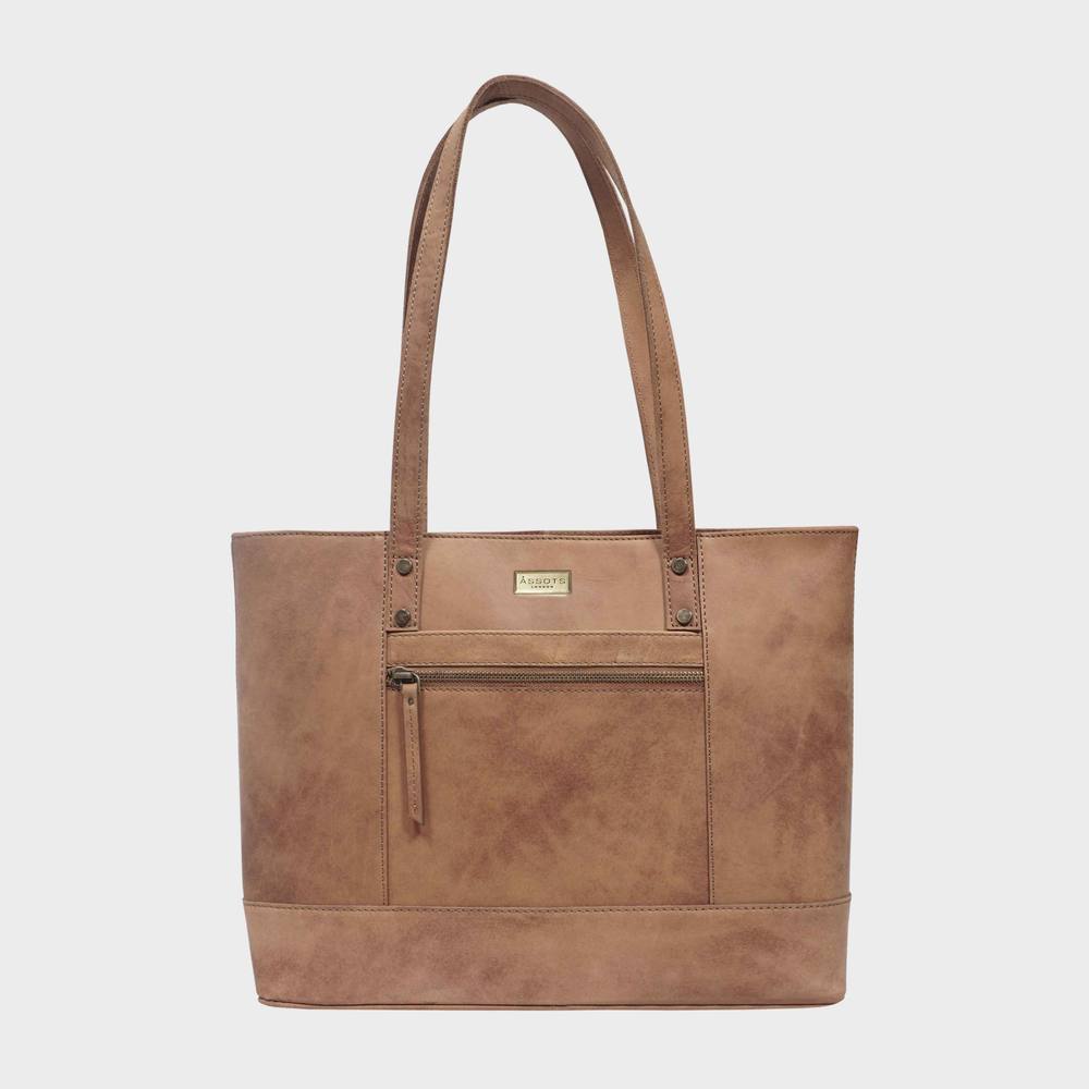Assots London Millie' Real Leather Designer Tote Work Bag In Tan
