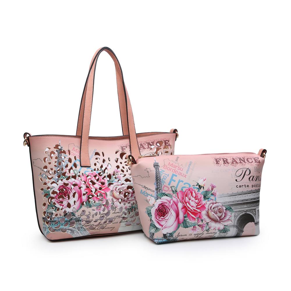 Jfy -In- Matching Crossbody And Open Top Laser Cut Pattern Tote Bag In Pink