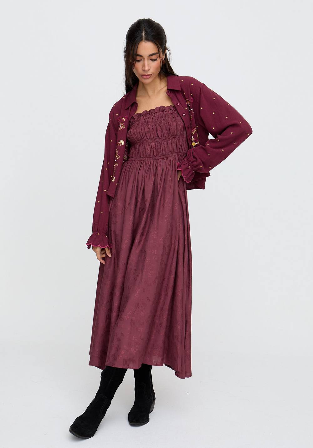 Raffya Annie All Over Jacquard Mini Dress In Red In Burgundy