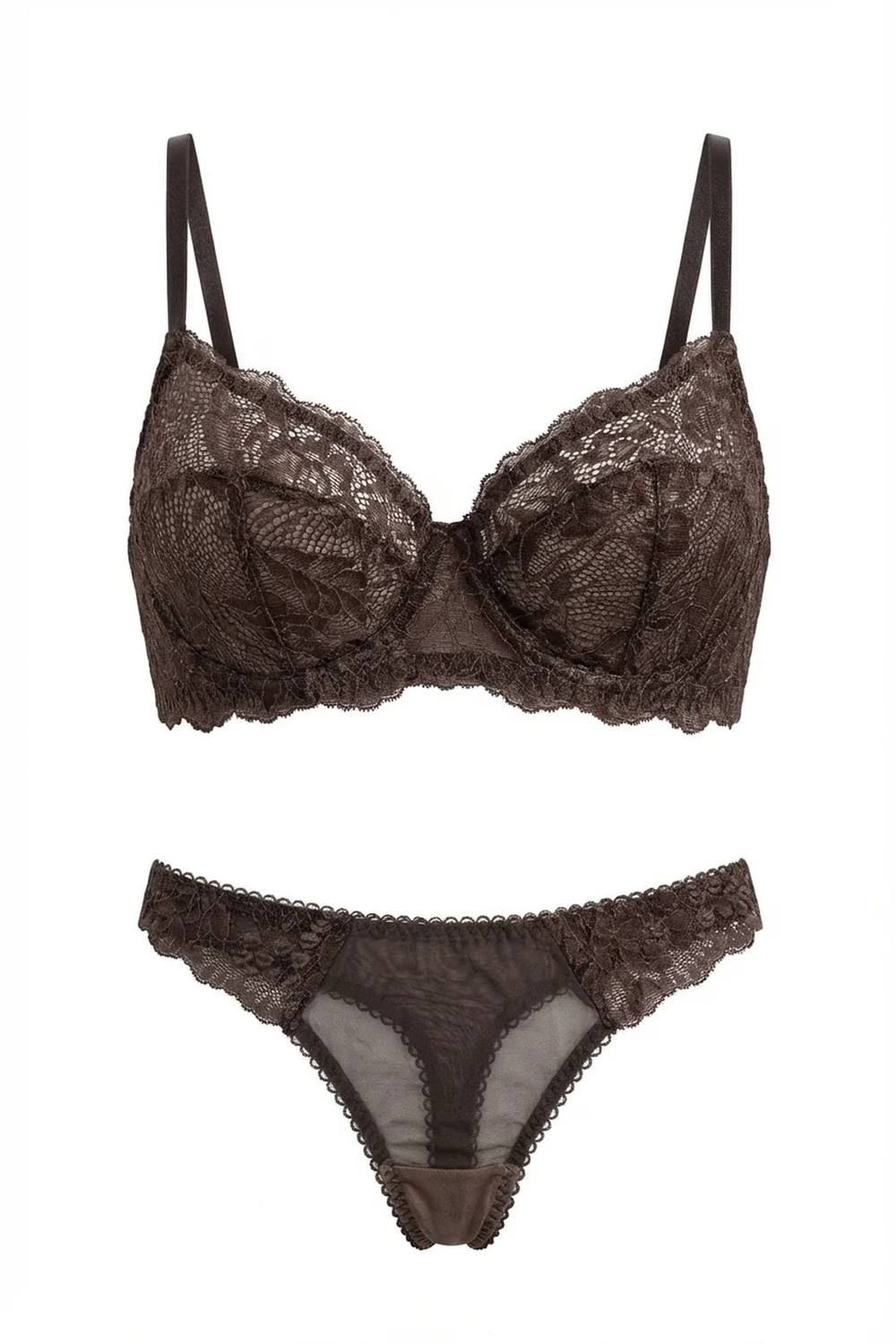 Little Nooks Ava Lace Sheer Lingerie Set In Brown
