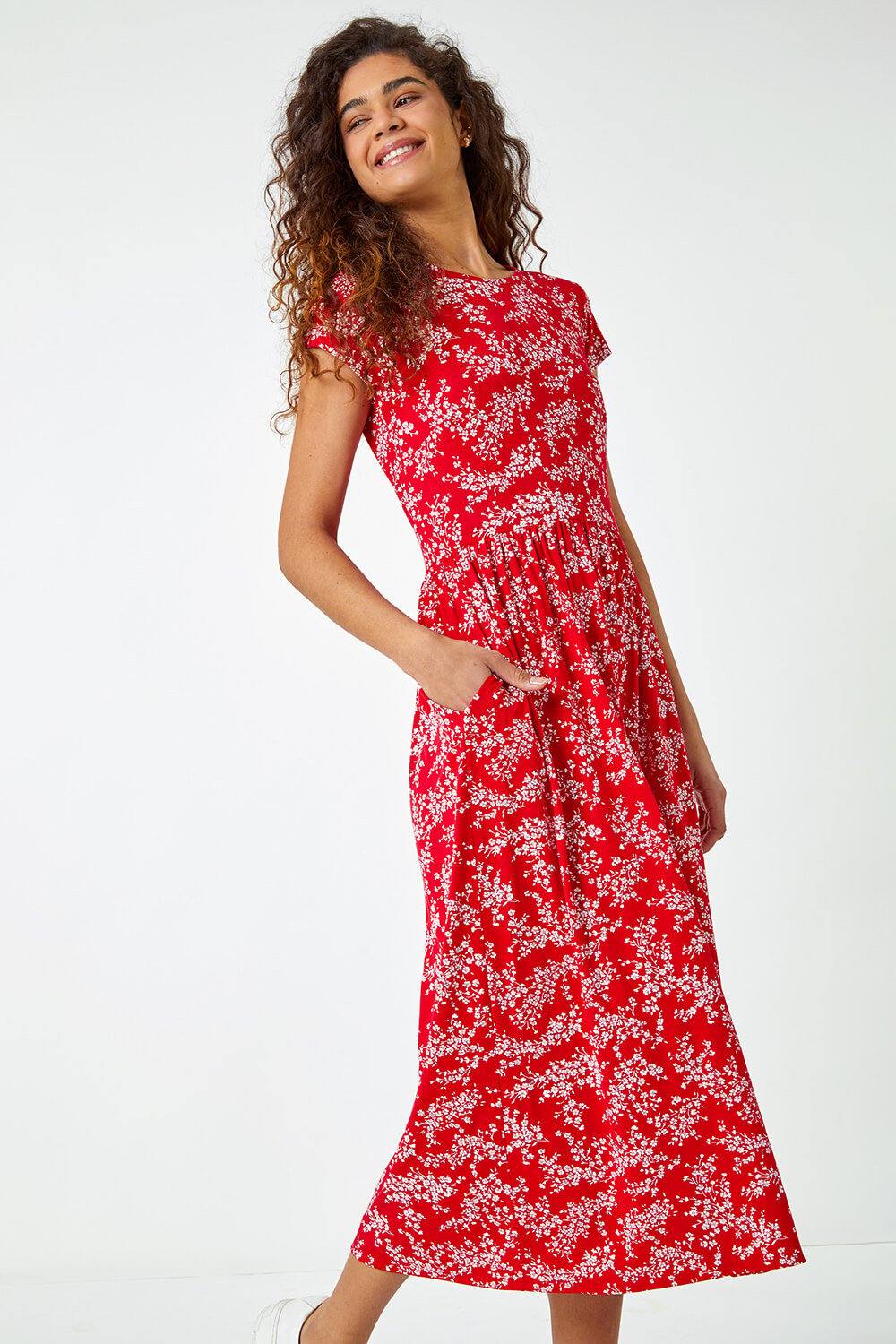 Roman Ditsy Gathered Skirt Stretch Midi Dress