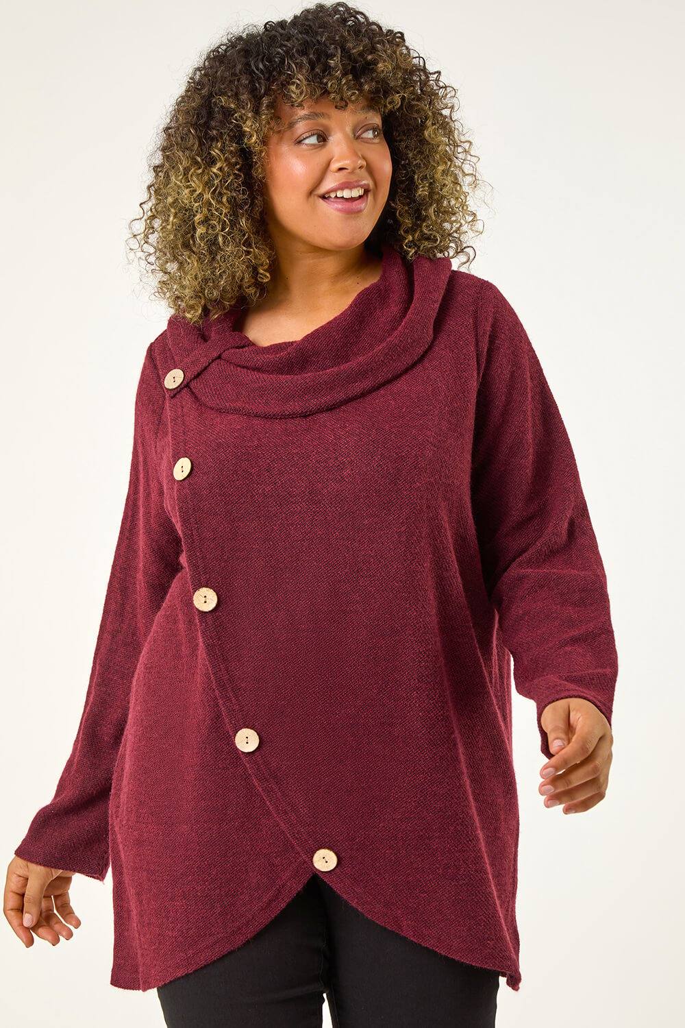 Roman Curve Cowl Neck Button Wrap Top In Wine