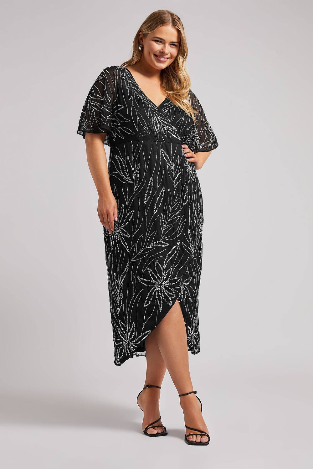 Yours Embellished Wrap Midi Dress In Black