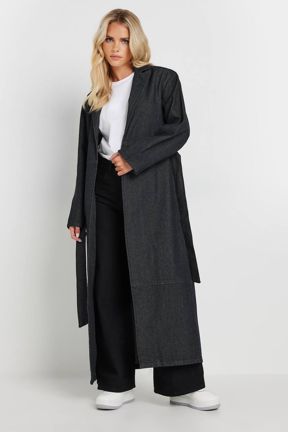 Pixiegirl Petite Denim Trench Coat In Black