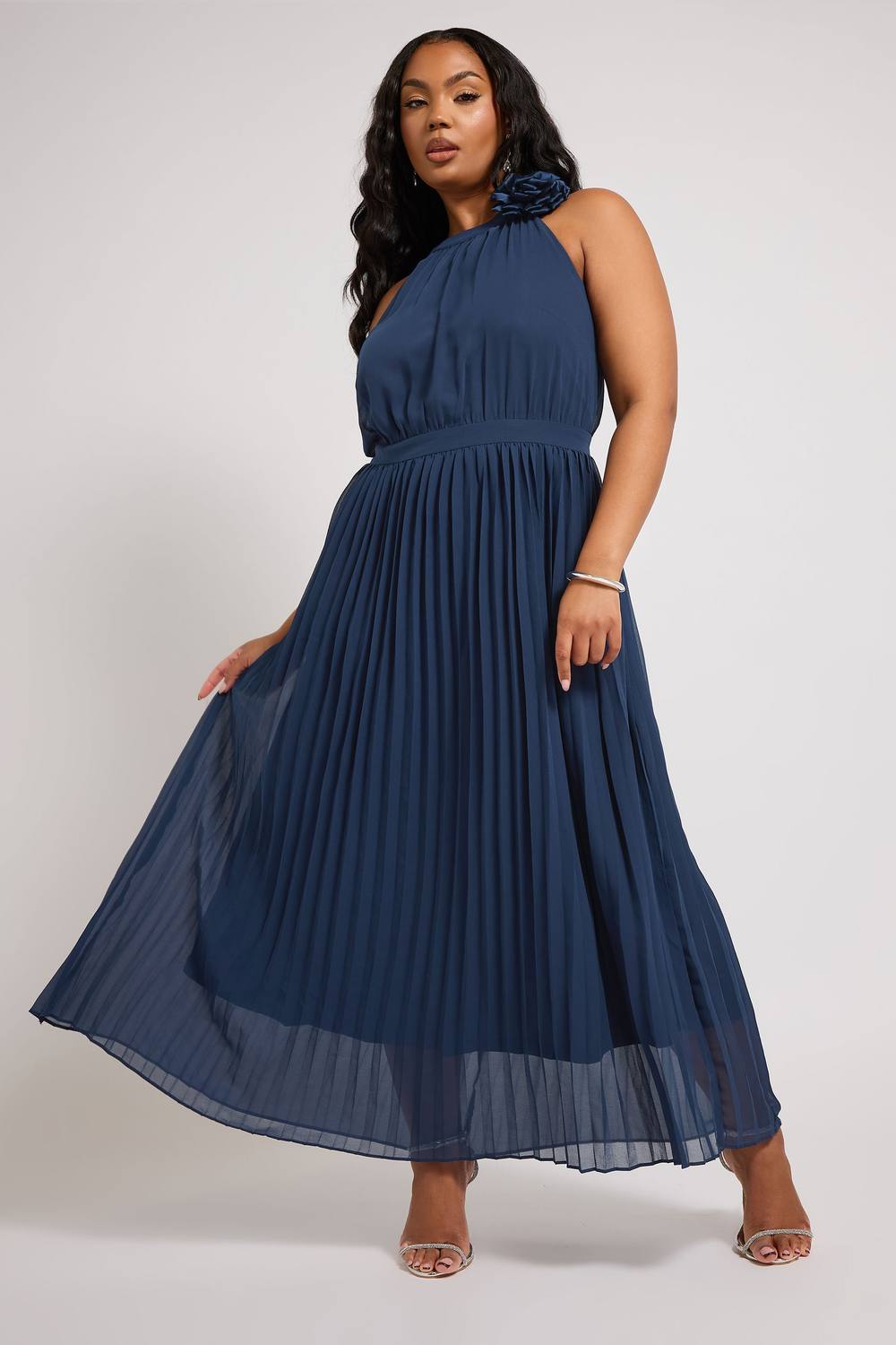 Yours Corsage Pleated Maxi Dress In Dark Navy