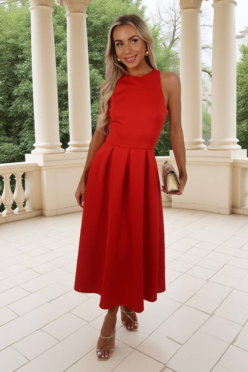 Ax Paris Blood Orange Racer Neck Pleated Skirt Midi Dress