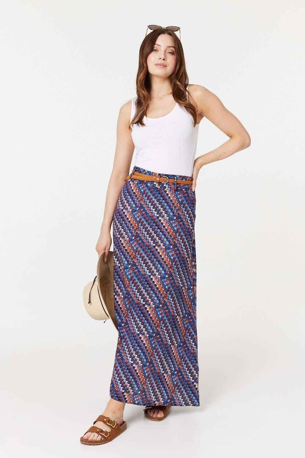 Izabel London Printed Belt Detail Maxi Skirt In Blue