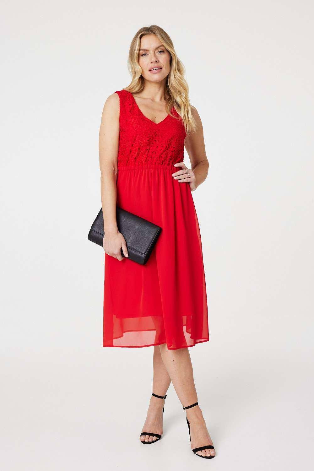 Izabel London Crochet Detail Sleeveless Midi Dress In Red