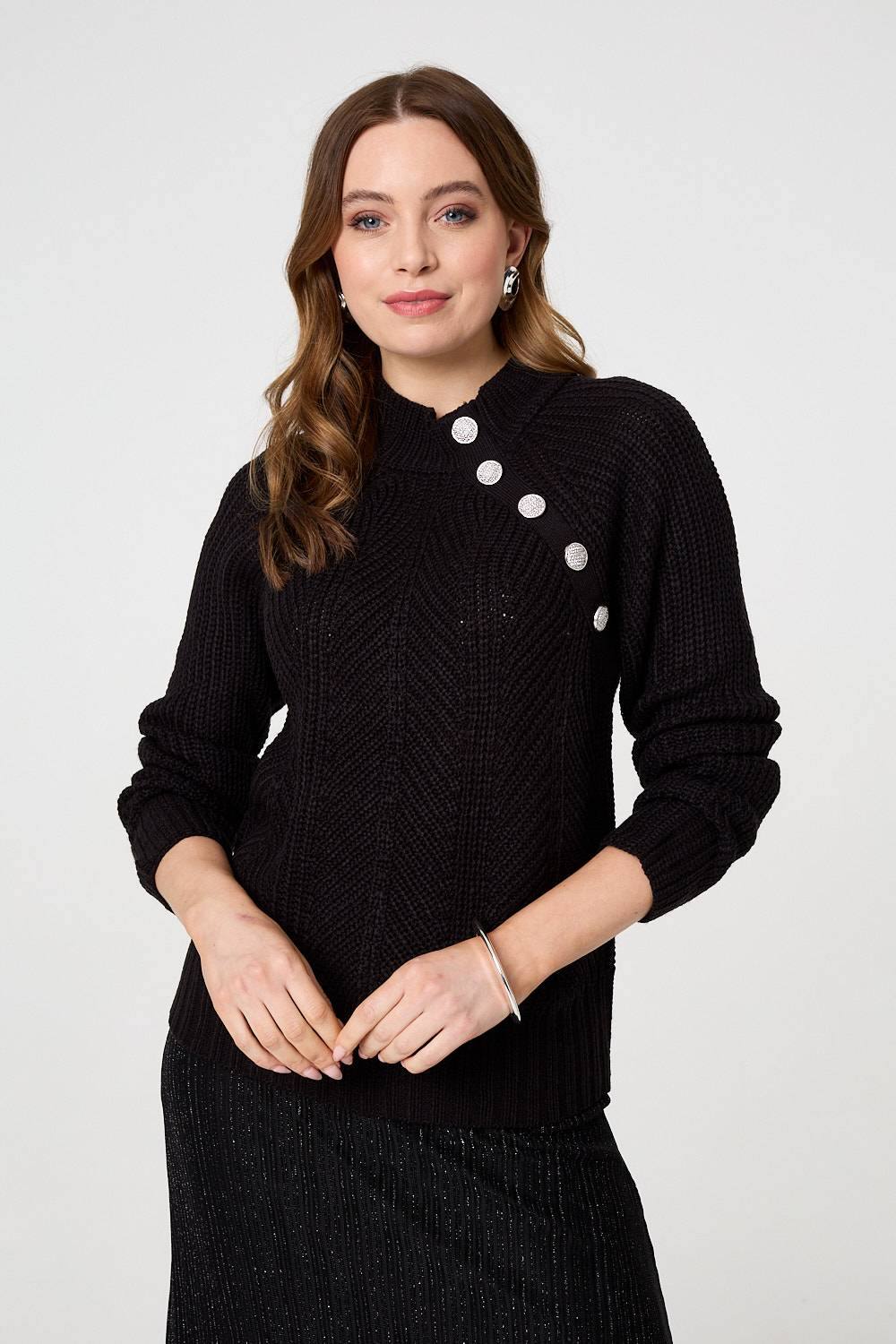 Izabel London Textured Knit Button Detail Jumper In Black