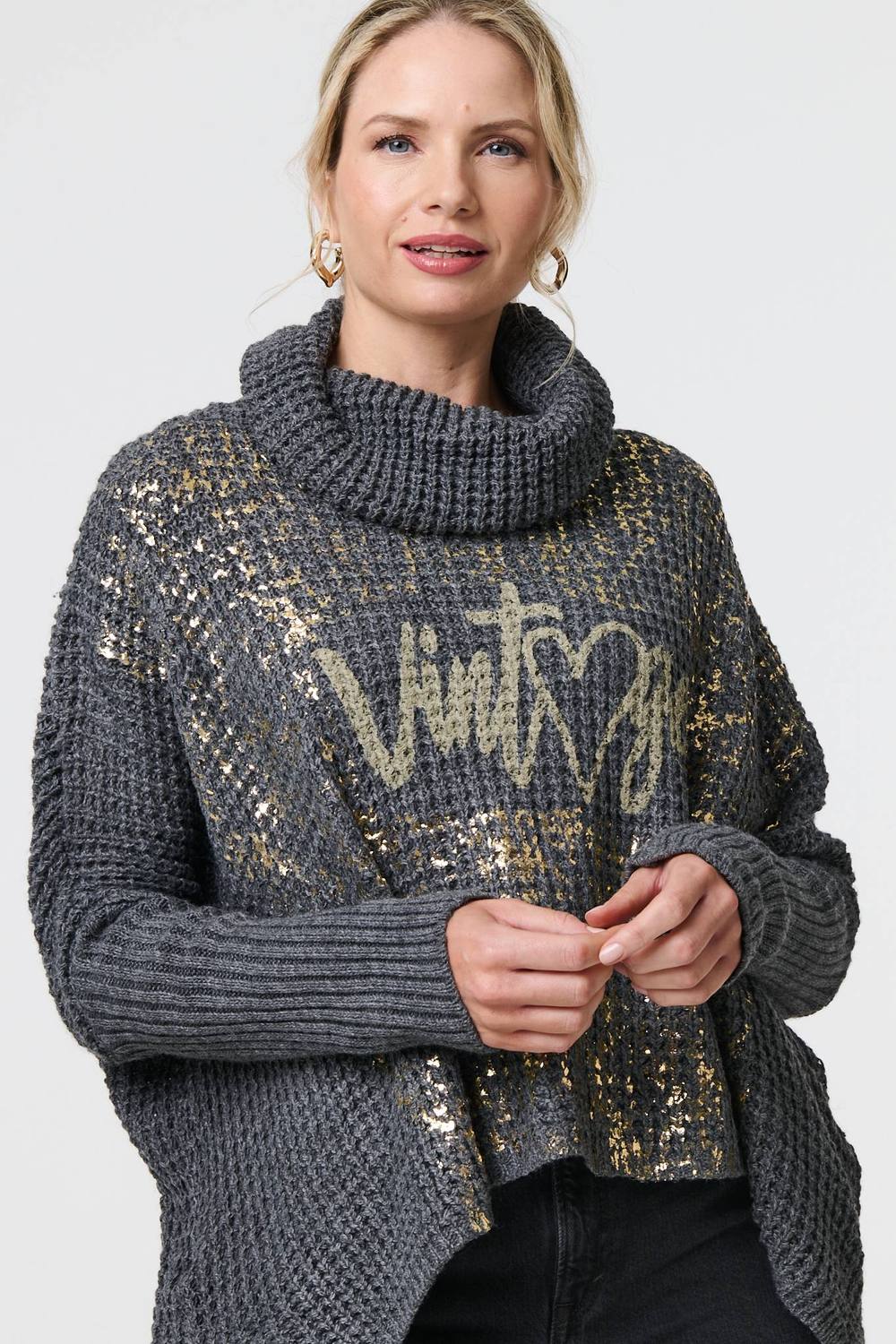 Izabel London Graphic Print Metallic Roll Neck Jumper In Grey