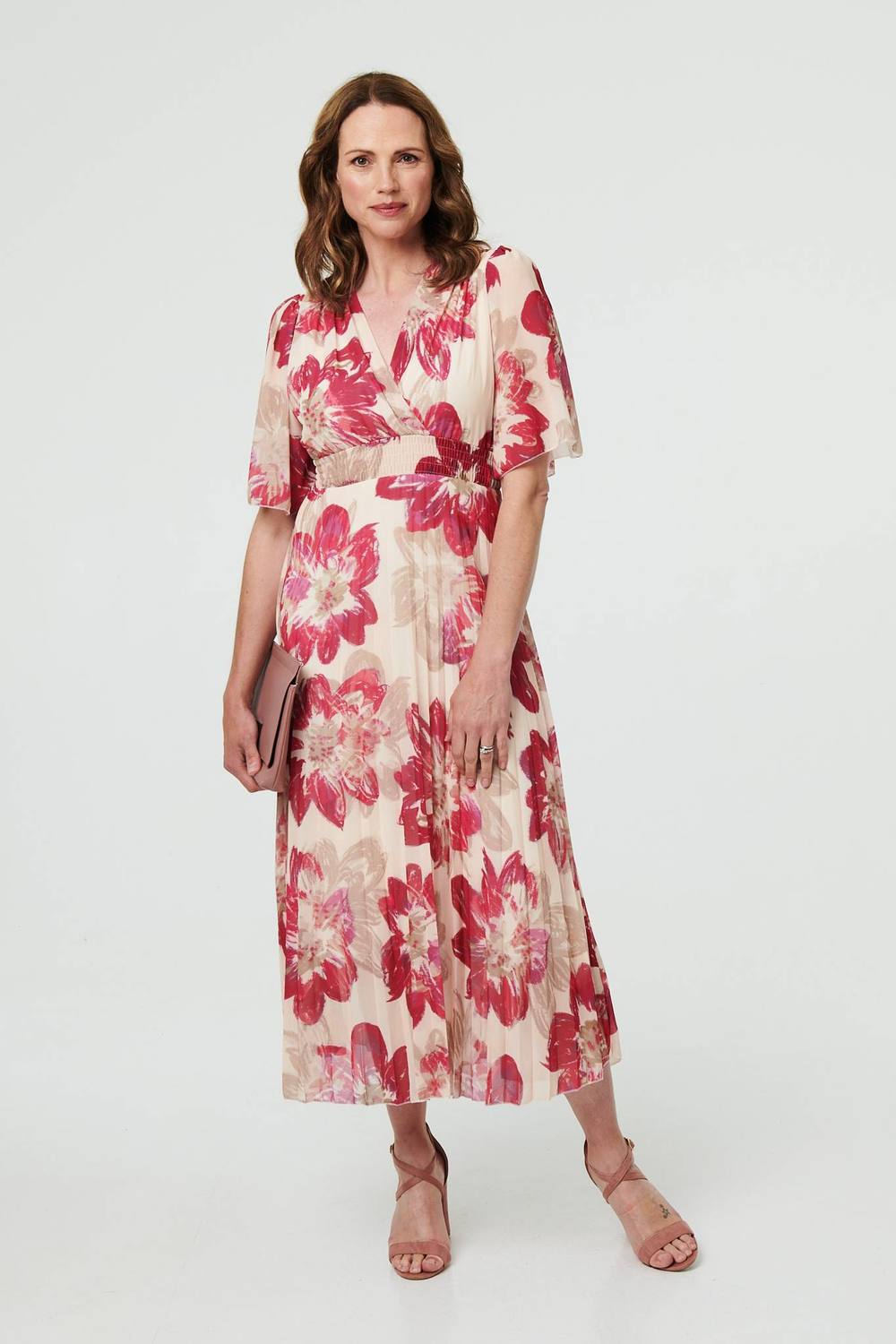 Izabel London Floral Sleeve Empire Midi Dress In Pink