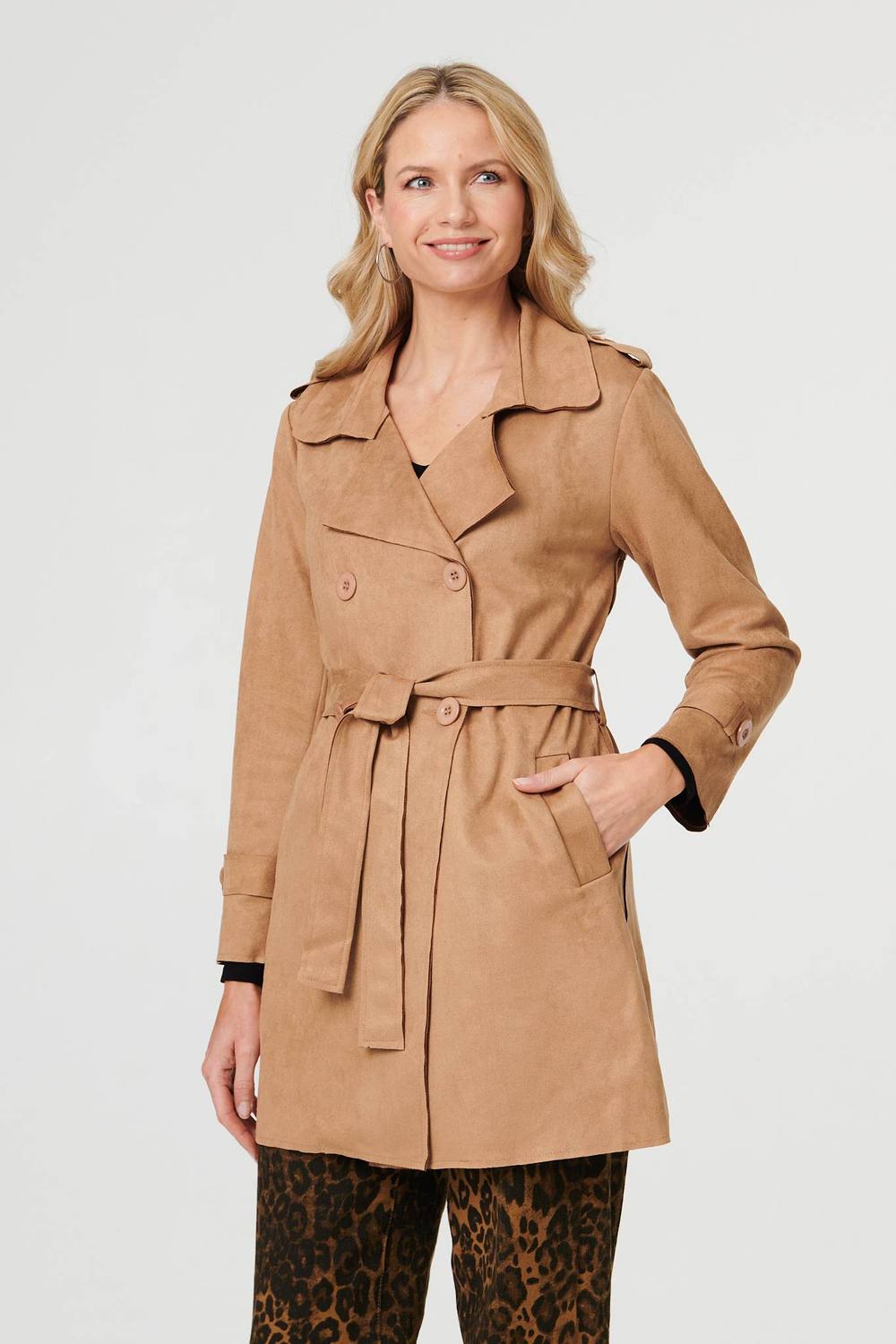 Izabel London Faux Suede Double Breasted Trench Coat In Beige