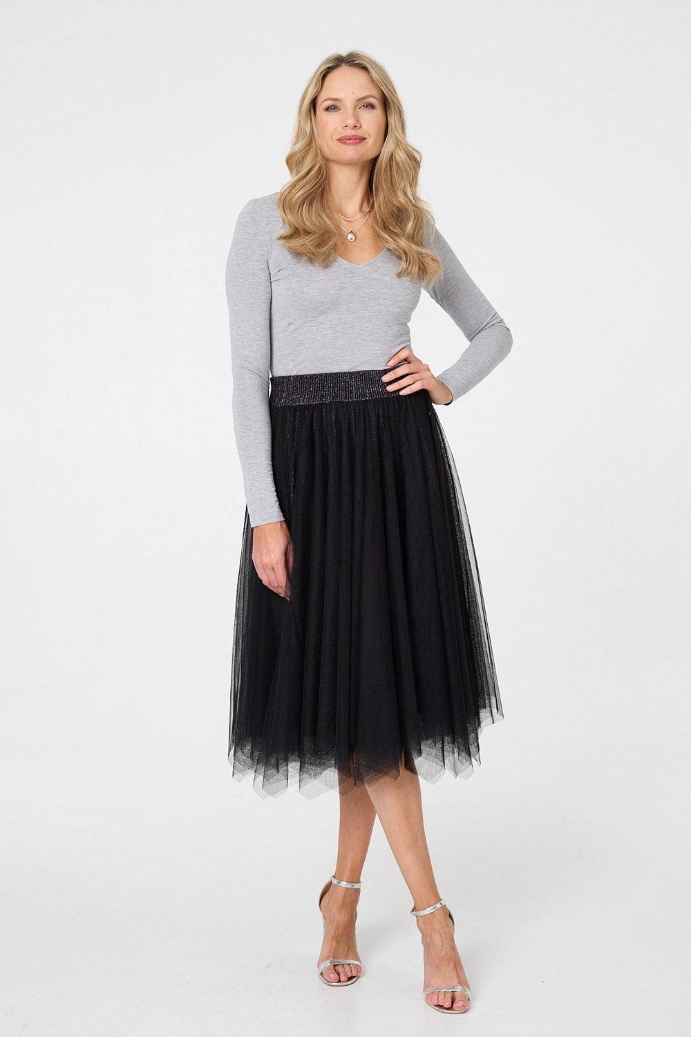 Izabel London Reversible Knit Mesh Texture Midi Skirt In Black