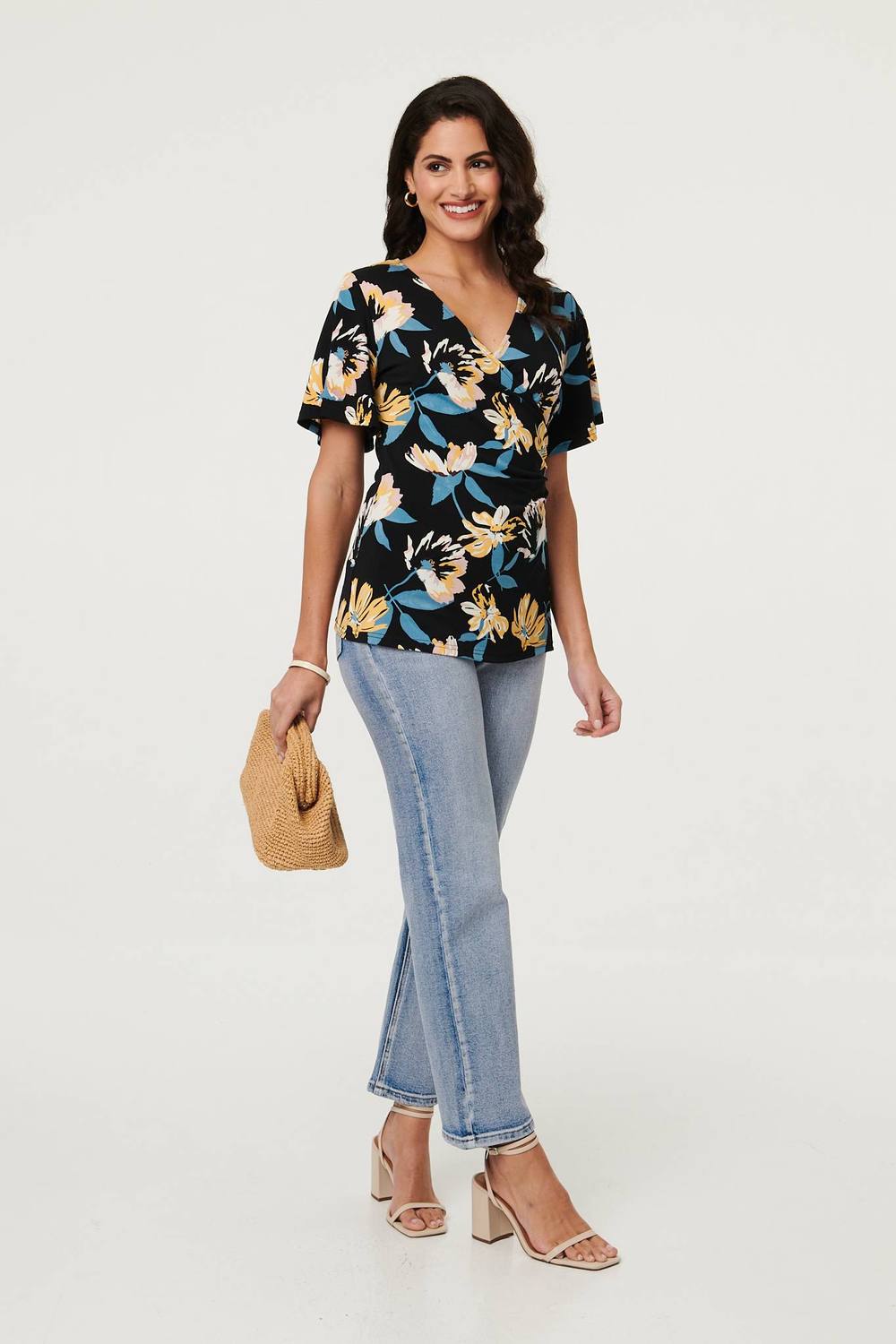 Izabel London Floral Short Angel Sleeve Wrap Front Top In Black