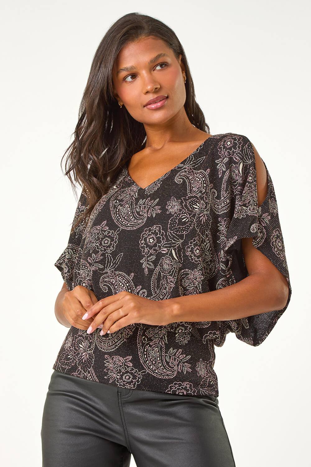Roman Glitter Print Banded Hem Stretch Top In Black