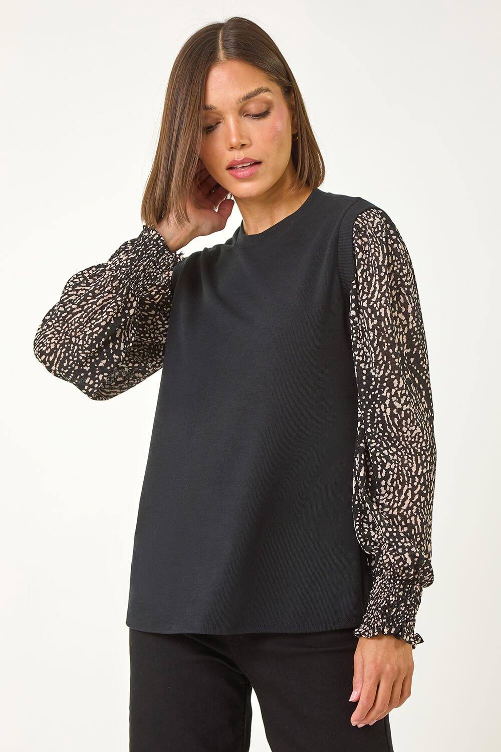 Roman In Print Mesh Sleeve Top In Black