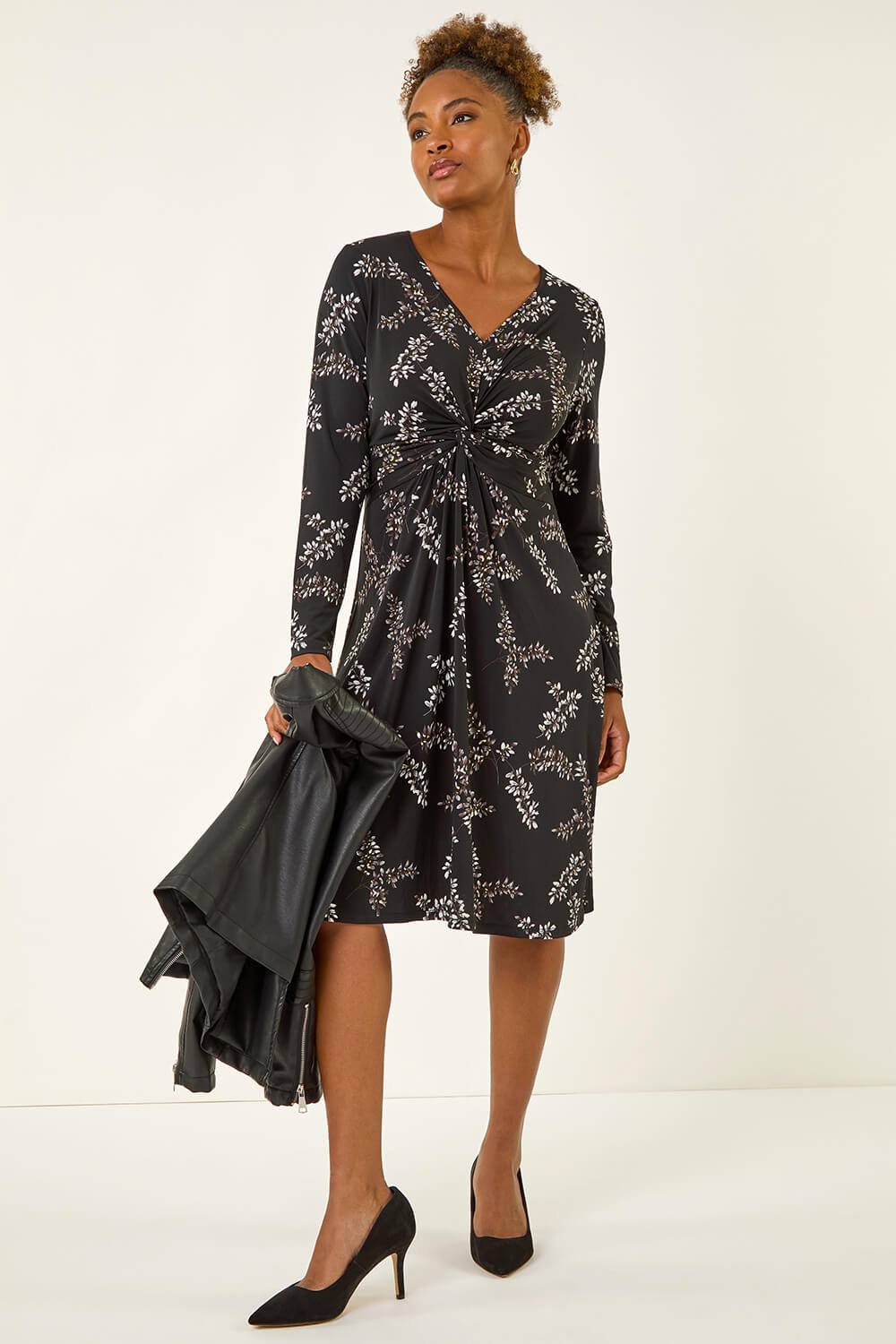 Roman Floral Print Twist Front Midi Dress In Black