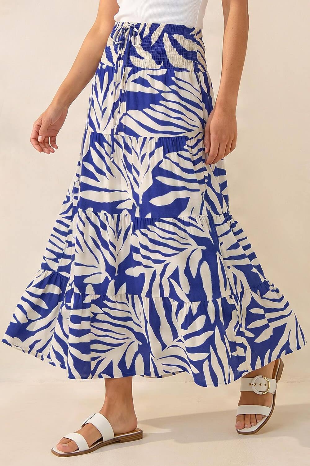 Roman Tile Print Shirred Maxi Skirt In Royal